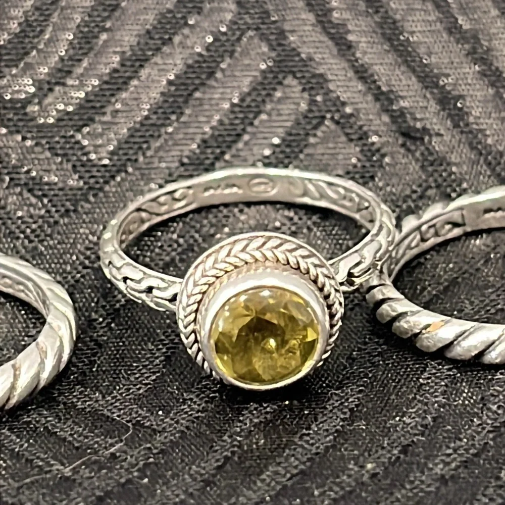 Sarda Olive Quartz Silver stack rings, set of 3, size 10